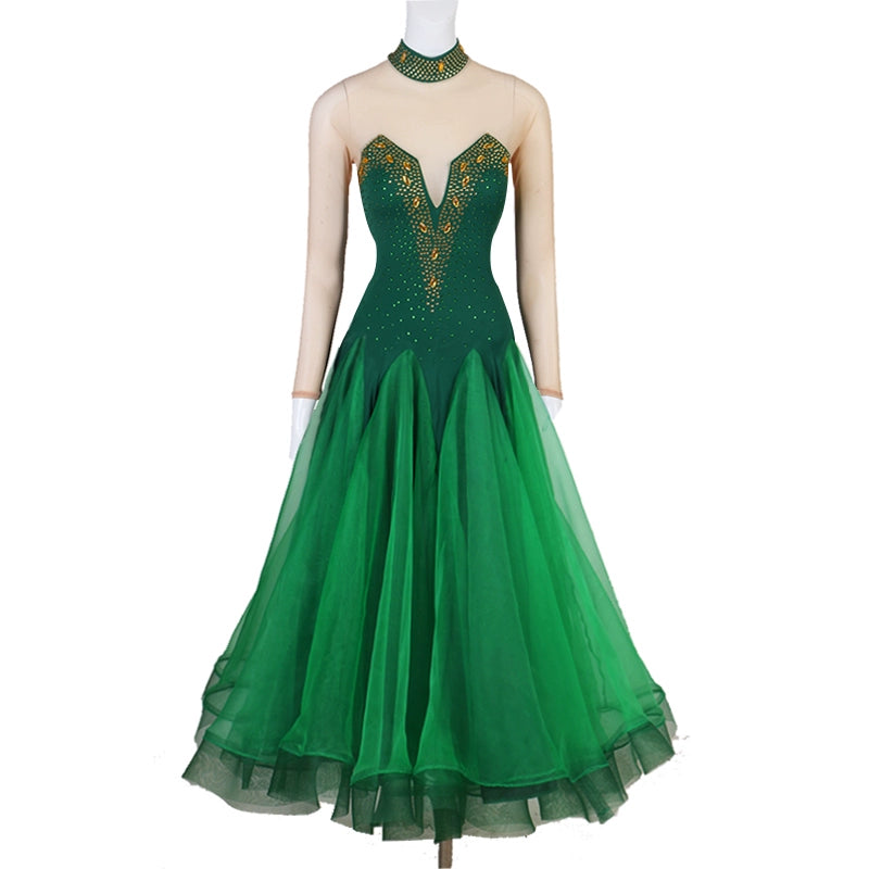 Turtleneck Gold Red Black Rhinestones Competition Ballroom Dance Dress for Women Girls Blue Green Waltz Tango Rhythm Performance Gown