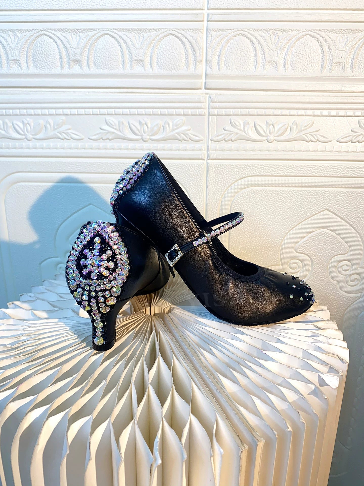 Black Crystal Women Ballroom Dance Shoes Competition Tango Waltz Dancing  2inch Heel Indoor Style