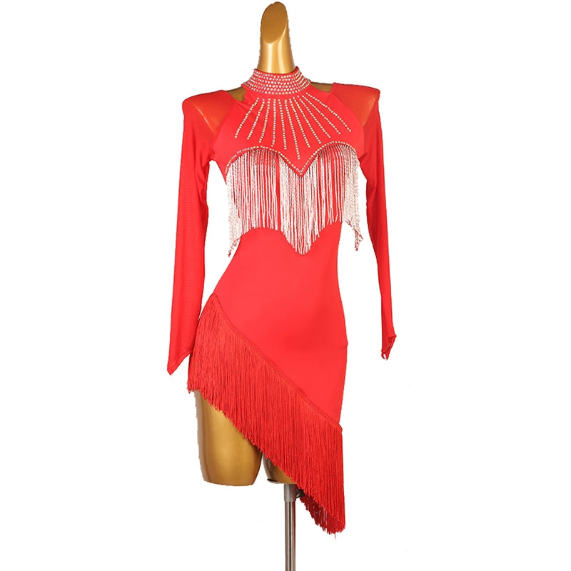 Red Bling Tassels Latin Dance Dress for Women Girls Halter Neck Competition Salsa Rumba Chacha Professional Dance Outfits