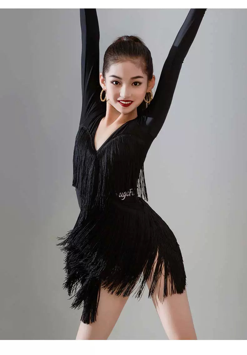 Navy Hot Pink Blue Gradient Fringe Long Sleeves Latin Dance Dresses for Girls Kids Salsa Rumba Chacha Party Performance Outfits for Children - Moderndancedress.com