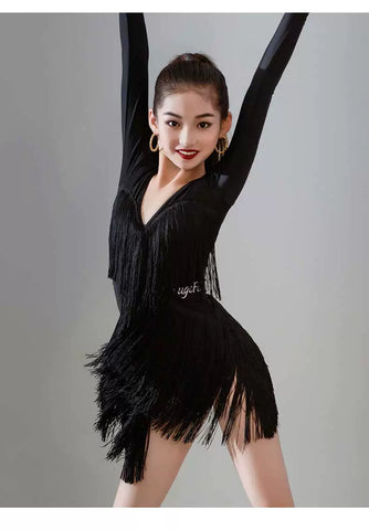 Navy Hot Pink Blue Gradient Fringe Long Sleeves Latin Dance Dresses for Girls Kids Salsa Rumba Chacha Party Performance Outfits for Children - Moderndancedress.com