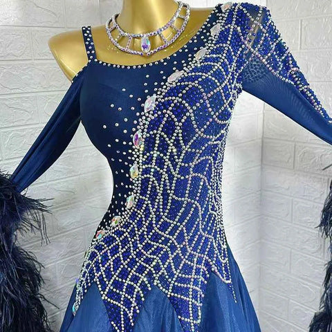 Custom Size Competition Ballroom Dance Dresses for Women Girls Feather Floating Waltz Tango Foxtrot Smooth Dance Long Gown