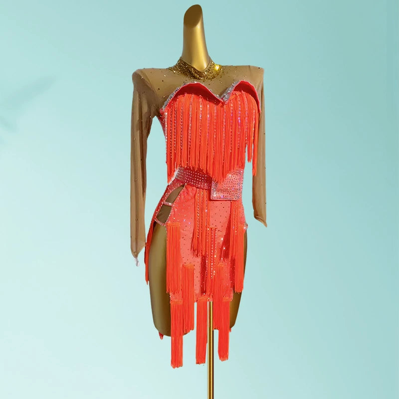 Custom Size Orange with Flesh Sleeves Competition Latin Dance Dresses for Women Girls Kids Adult Salsa Chacha Rumba Dancing Costumes - Moderndancedress.com