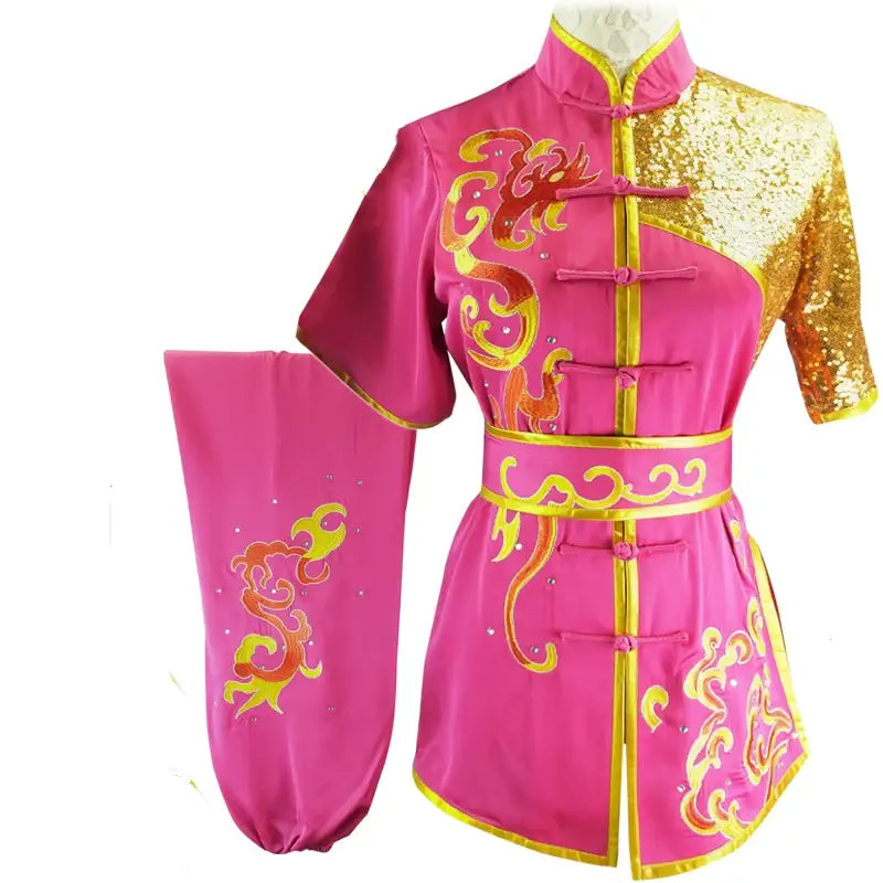 Chinese Martial Arts Clothes Kungfu Clothe  Tai Chi Wushu Competition Performing Colored Clothes, Rose Red Embroidery, - Moderndancedress.com