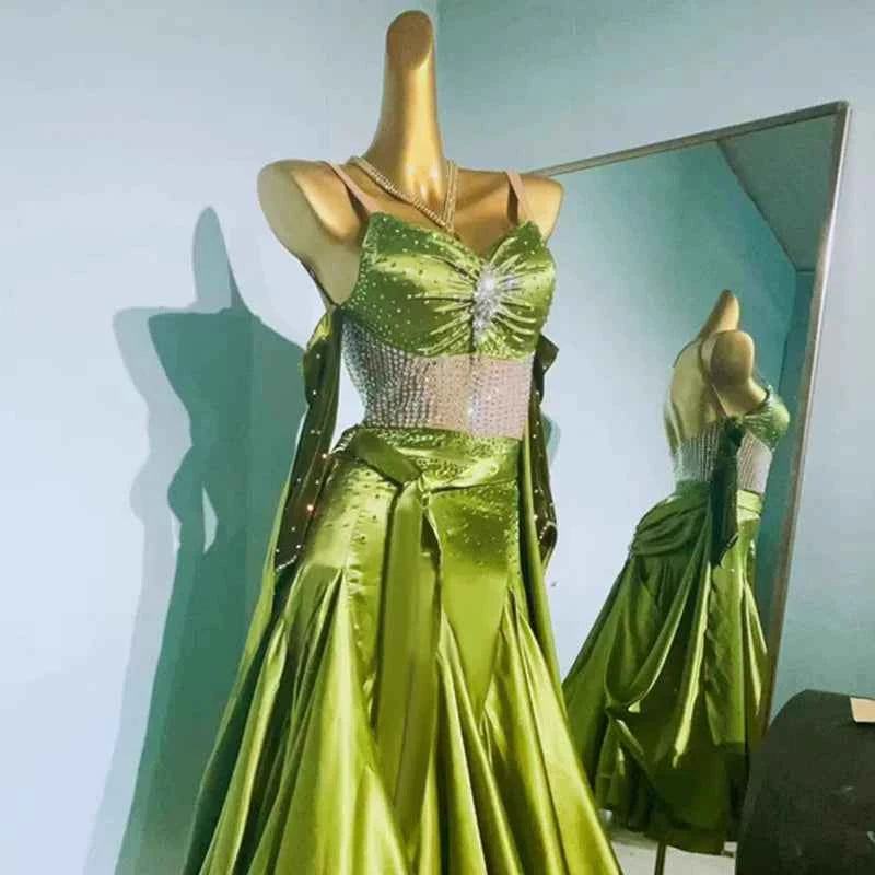 Custom Size Avocado Competition Ballroom Dance Dress Waltz Tango Perform Gown