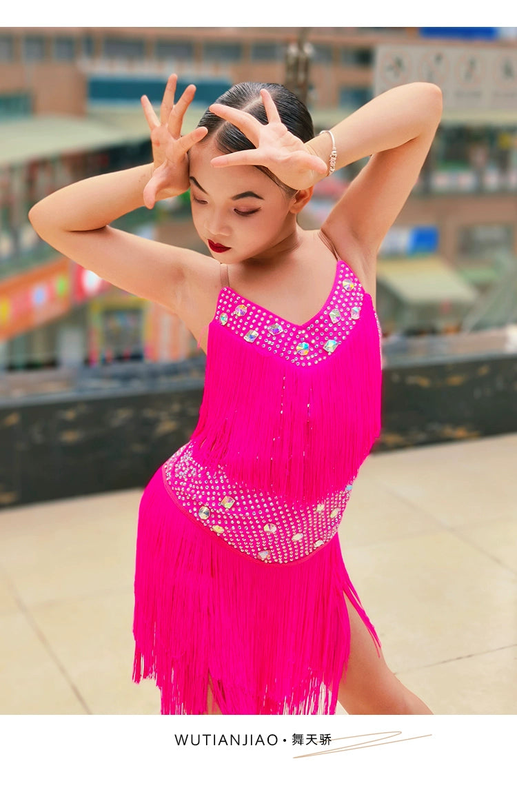 Neon Yellow Hot Pink Fringe Latin Dance Competition Dresses for Girls Children Solo Salsa Rumba Samba Chacha Performance Costumes for Kids - Moderndancedress.com