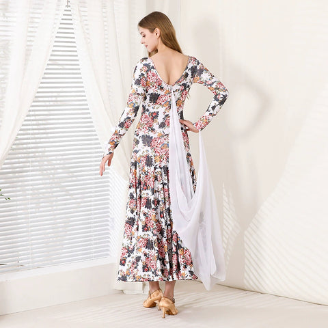 Rose White Flowers Floral Ballroom Dance Dresses for Women Girls Modern Waltz Tango Foxtrot Rhythm Flamenco Dance Costume - Moderndancedress.com