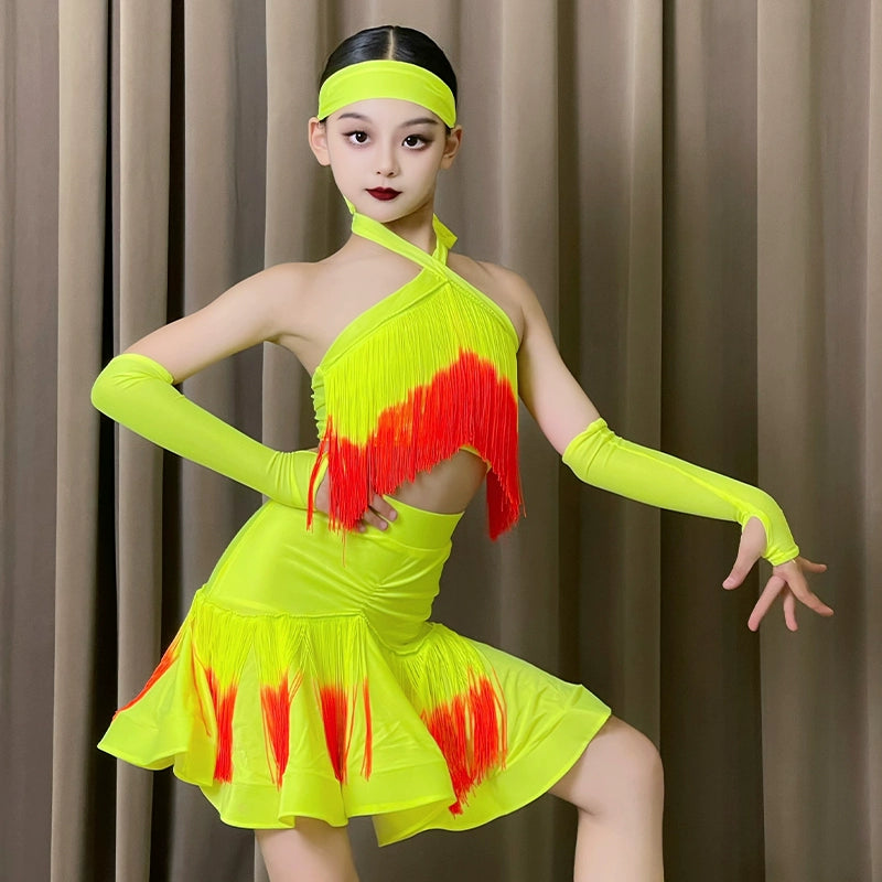 Pink Neon Green Red Fringe Latin Dance Dresses for Girls Kids Salsa Rumba Chacha Halter Neck Performance Clothing for Children - Moderndancedress.com