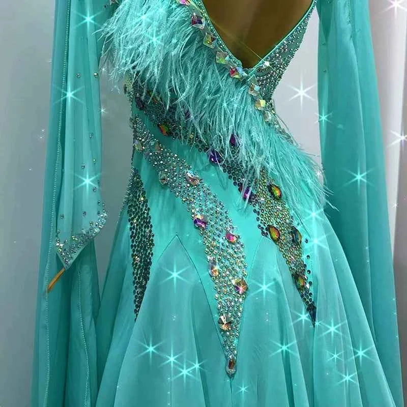 Customized Size Turquoise Competition Ballroom Dance Dresses for Women Girls Waltz Tango Foxtort Rhythm Dance Long Gown