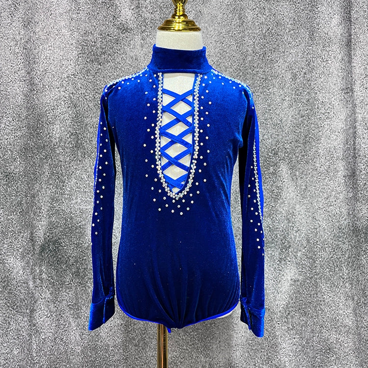 Children Boys Royal Blue Velvet Latin Dance Shirts Kids Rhinestones Turtle Neck Ballroom Latin Dance Competition Leotard Tops - Moderndancedress.com
