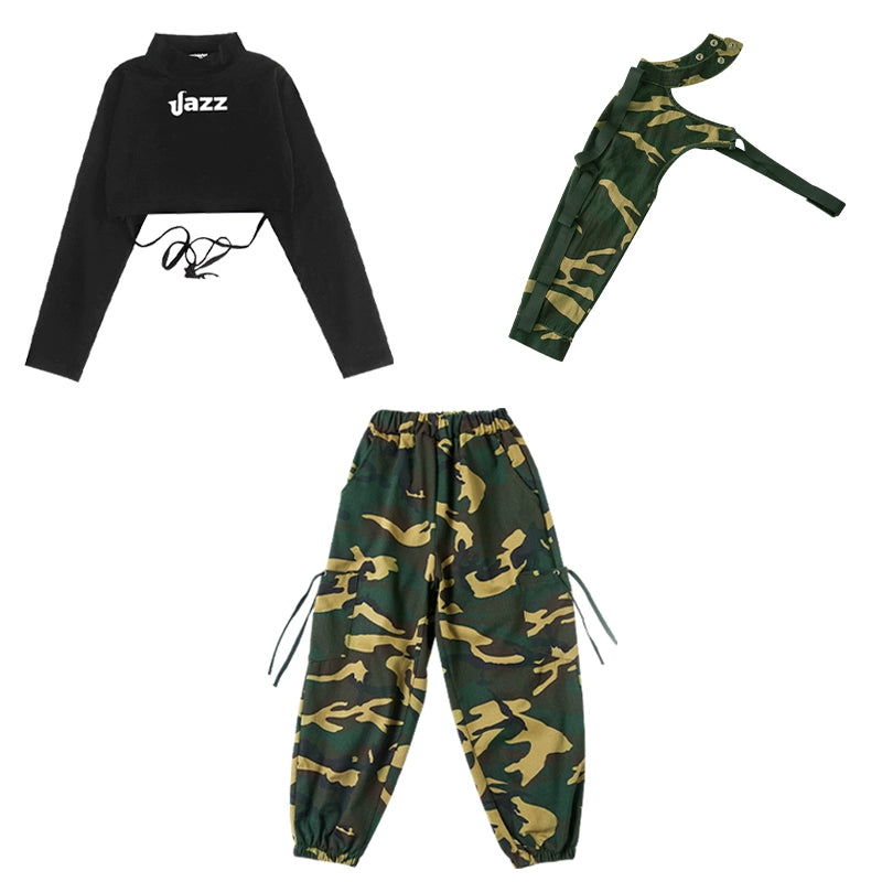 Jazz Dance Street Costume for Girls Camouflage Cargo Pants Gogo Dancers Rapper Singers Party Model Catwalk Outfits for Kids - Moderndancedress.com