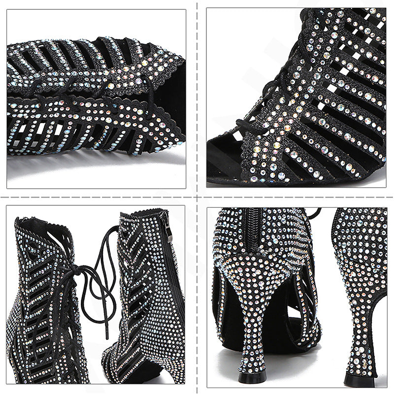 Latin Dance Shoes for Women Soft Soles Pole Jazz Salsa Samba Diamond Jazz Dance Boots Lace-up Hollow Shoes