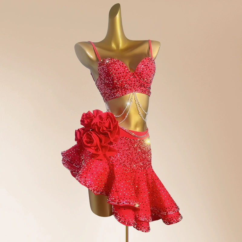 Custom size red blue competition Latin dance dresses for women girls kids salsa chacha rumba latin performancel art test dance clothes - Moderndancedress.com