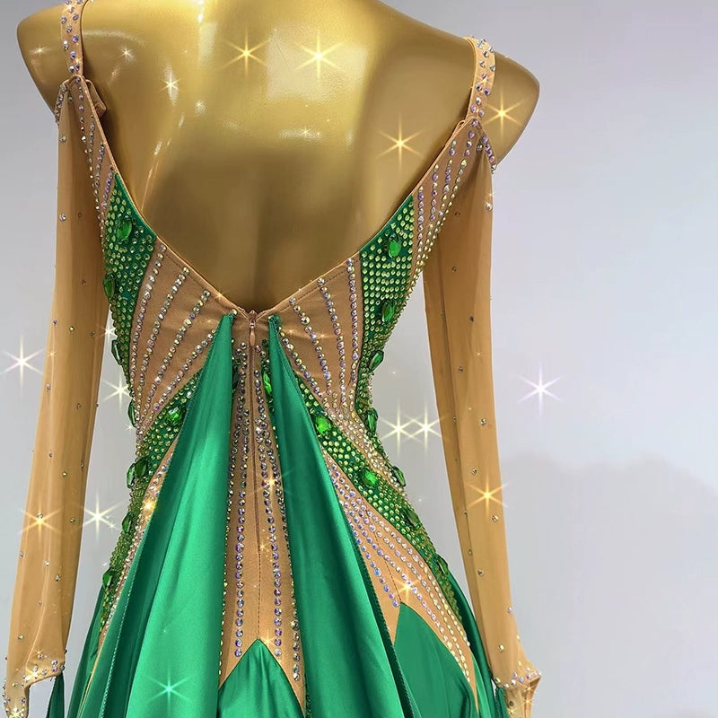 Customized Size Green Rhinestones Competition Ballroom Dance Dresses for Women Waltz Tango Rhythm Performance Gown - Moderndancedress.com