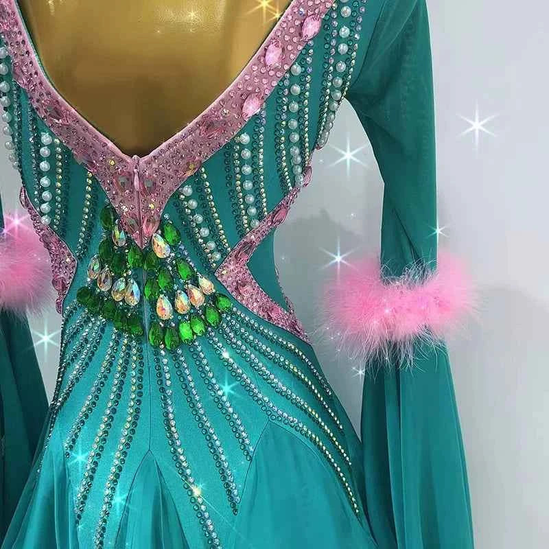 Customized Size Turquoise Pink Ballroom Dance Dresses Waltz Tango Smooth Dance Long Gown