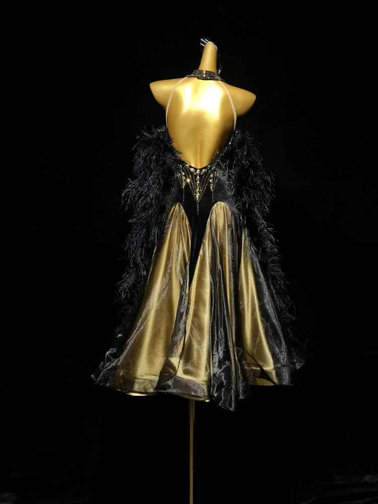 Custom Size Black Gold  Velvet Ballroom Dance Dress Feather Float