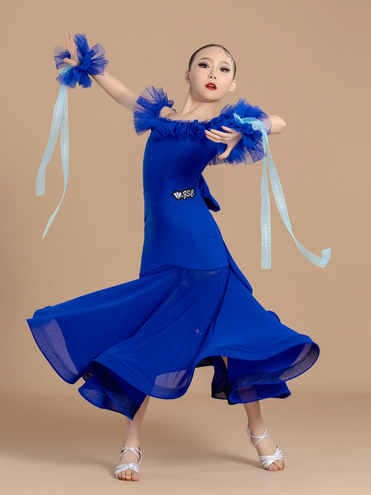 children girls ballroom dance dresses purple yellow blue white color competition national standard regulations clothes big skirt - Moderndancedress.com