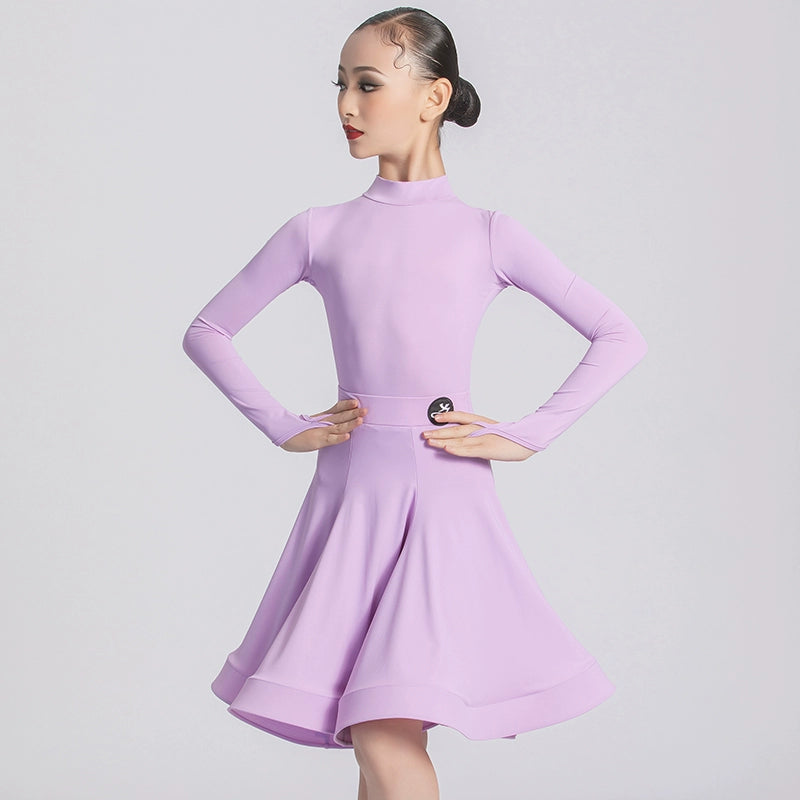 Professional Ballroom Latin Dance Dresses for Girls Kids Wine Lavender Purple Navy Long Sleeves Salsa Rumba Chacha Performance Costumes - Moderndancedress.com