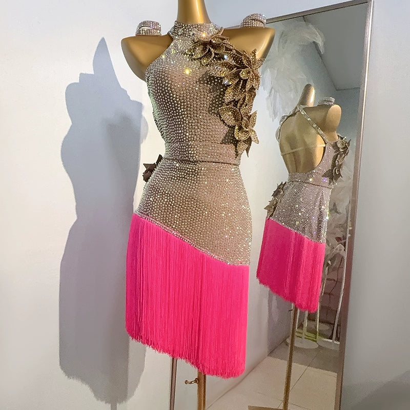 Custom Size Latin Dance Dresses for Women Girls Pink White Fringe Salsa Rumba Chacha  Performance Clothes - Moderndancedress.com