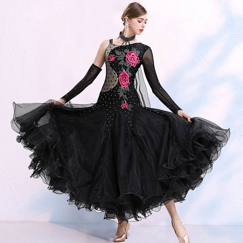 One Shoulder Black Ballroom Dance Dresses for Women Girls Rose Flowers Adult Female National Standard Social Dance Waltz Tango Performance Gown - Moderndancedress.com