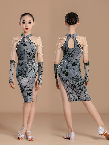 Latin Dance Dresses for Girls Kids Grey Flowers Lace Salsa Rumba Chacha Latin Regulations Pearl Chain Performance Art Test Skirt - Moderndancedress.com