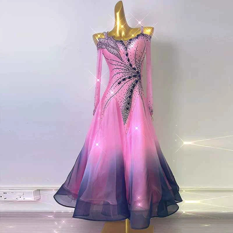 Custom Size Pink Gradient Competition Ballroom Dance Dresses for Women Girls Waltz Tango Foxtrot Dance Gown