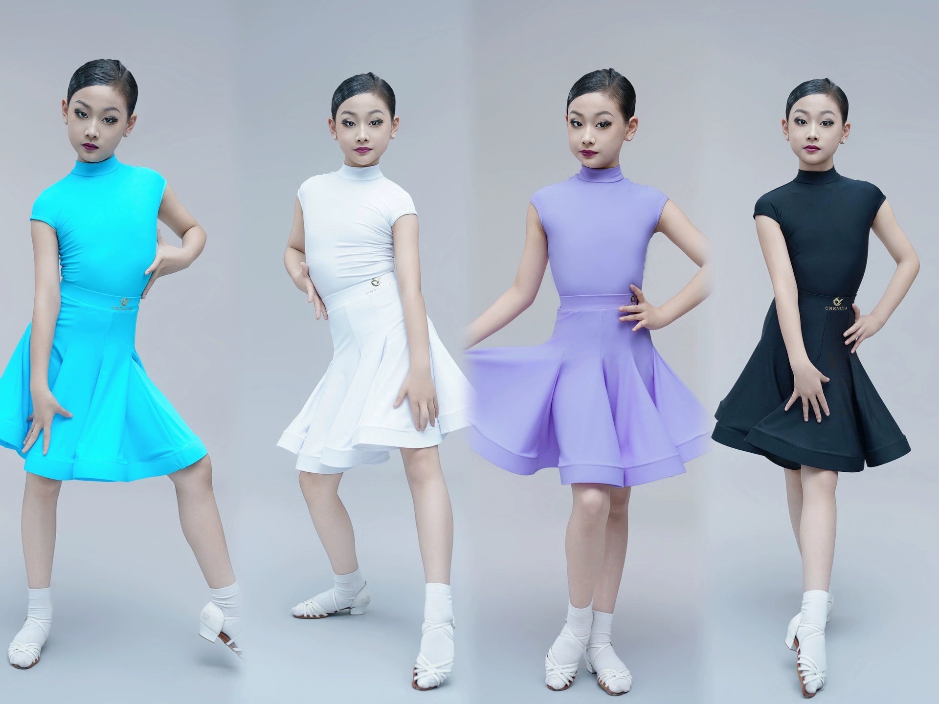 Children's Latin dance dresses for girls kids blue purple white turtleneck latin ballroom salsa competition outfits short sleeve fishbone skirt - Moderndancedress.com