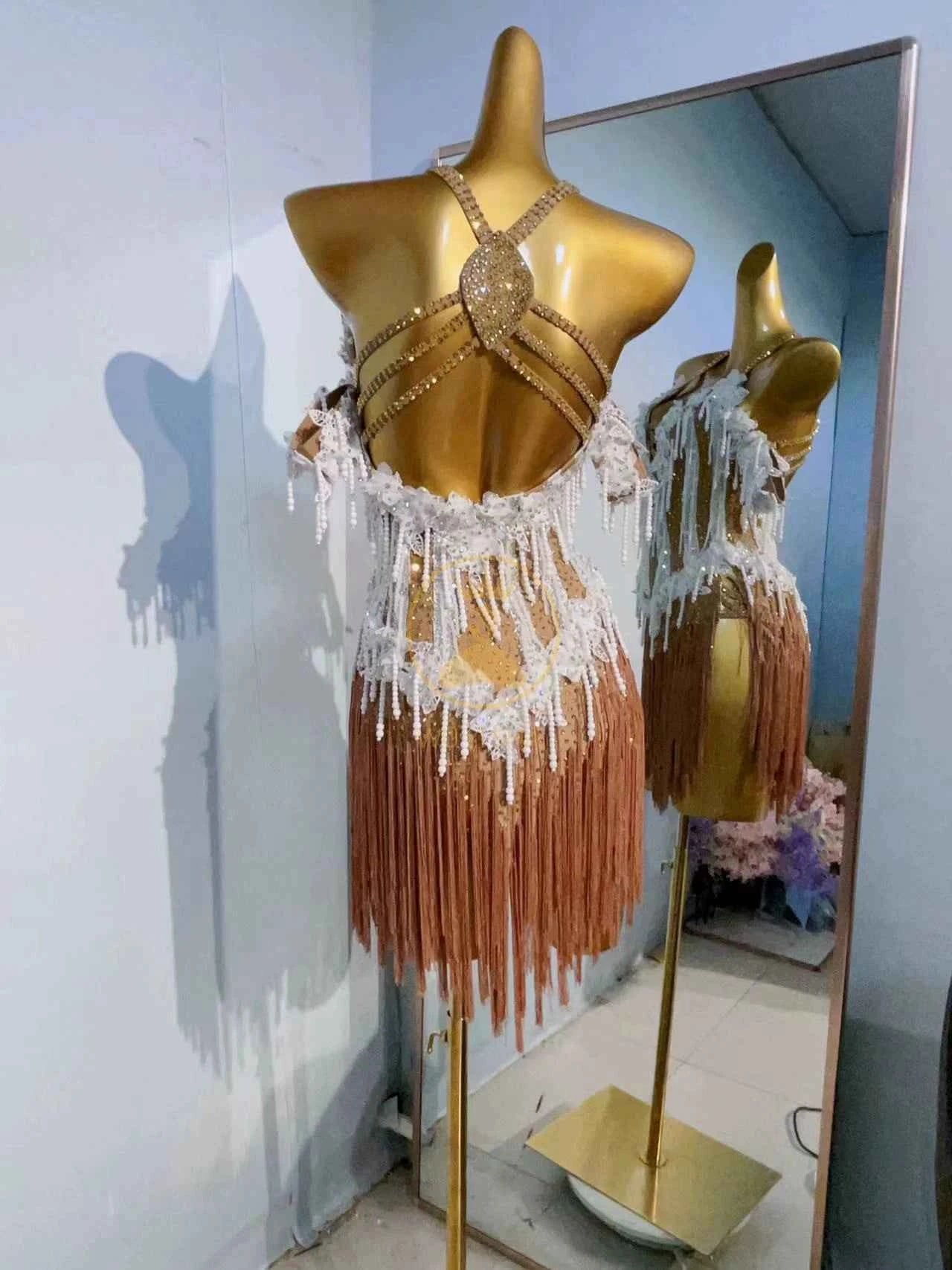 Custom Size Coffee White Fringe Competition Latin Dance Dresses for Women Girls Salsa Chacha Dance Costumes