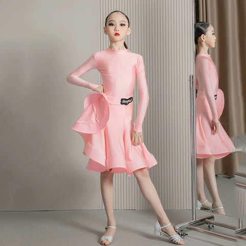 Children's blue pink Latin Dance Costume High Neck Long Sleeve Ultra-Thin Velvet latin ballroom salsa dance dresses for Exam Competition - Moderndancedress.com