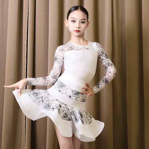 Black white lace long sleeves Latin dance dresses for kids girls salsa chacha rumba professional children's training suitdancing costumes for Children - Moderndancedress.com