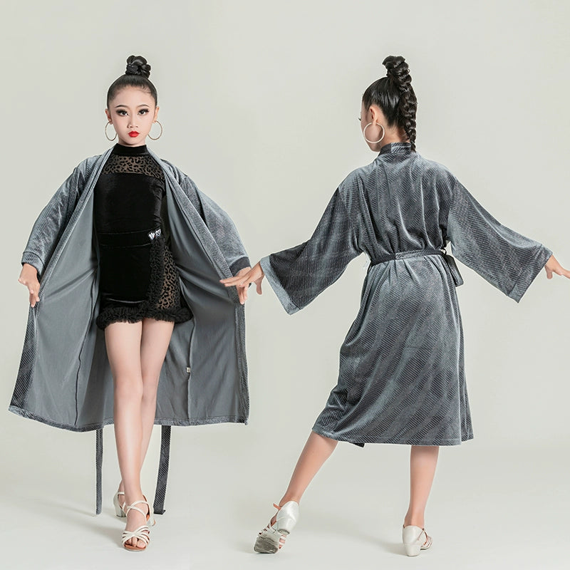 Girls kids leopard black velvet Latin dance robe  for children ballroom salsa rumba practice dancing catwalk performance outwear long coat - Moderndancedress.com
