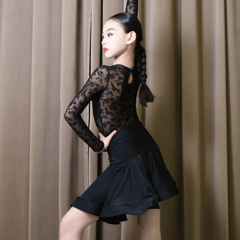 Black Lace Long Sleeves Latin Dance Clothes for Girls Kids Flowers Lace Salsa Rumba Chacha Performance Dresses for Children - Moderndancedress.com