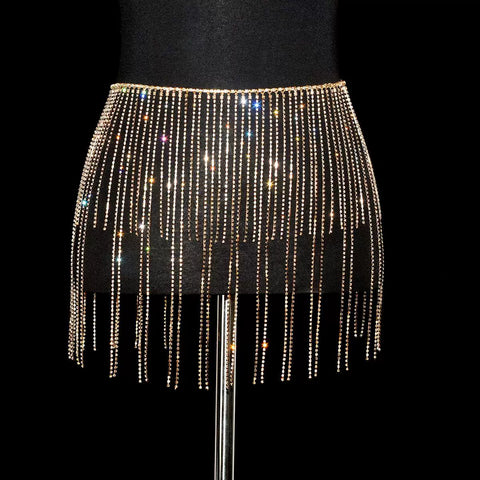 Women girls latin jazz rave dance Rhinestone tassel waist chain hollow bling hot pole dance tassel skirt belly dance body chain belts - Moderndancedress.com