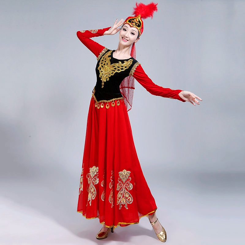 Folk Dance Costumes Dance Costume performance dress female adult ethnic style Uygur modern performance dress big skirt - Moderndancedress.com