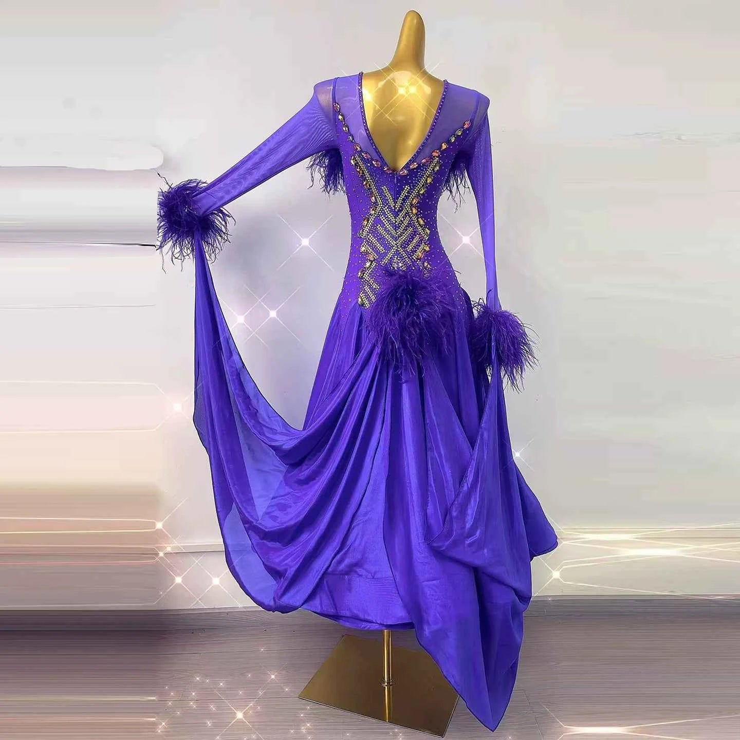 Customized Violet Ballroom Dance Dress Gold Crystal with Ostrich Feather Waltz Tango Competition Gown