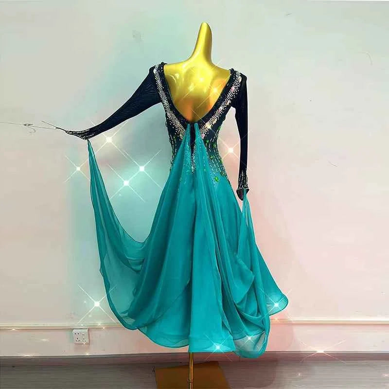 Custom Size Women's Ballroom Dance Dress Blue Green Gradient Smooth Waltz Long Gown