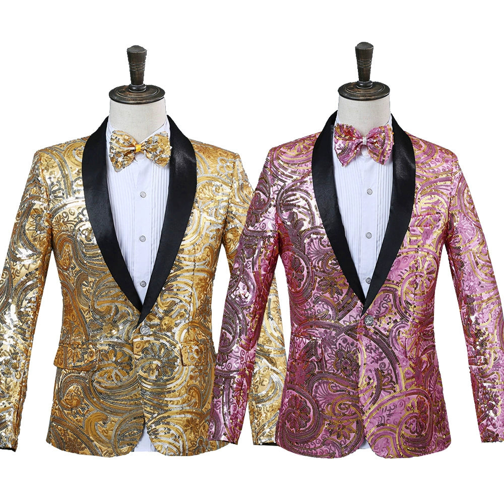 Men's Suit Jacket Fancy Sequin Costume Artist Singer Long Sleeve Top Annual Performance Green Collar Suit - Moderndancedress.com