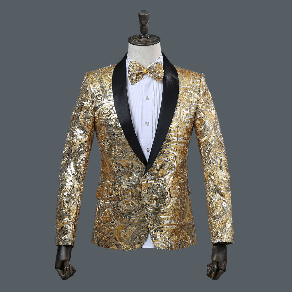 Men's Suit Jacket Fancy Sequin Costume Artist Singer Long Sleeve Top Annual Performance Green Collar Suit - Moderndancedress.com