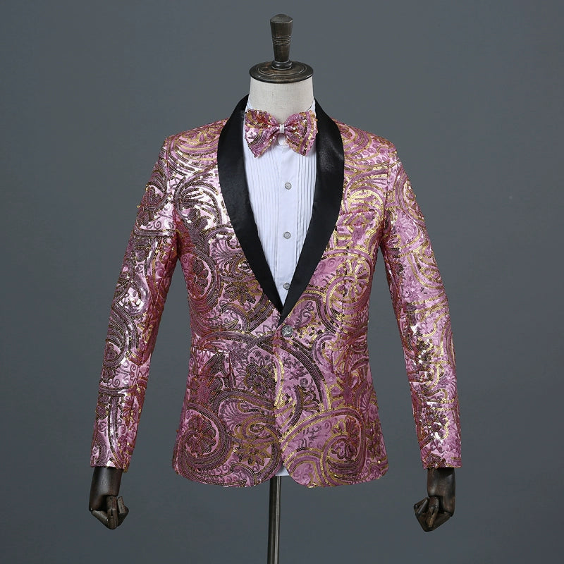 Men's Suit Jacket Fancy Sequin Costume Artist Singer Long Sleeve Top Annual Performance Green Collar Suit - Moderndancedress.com
