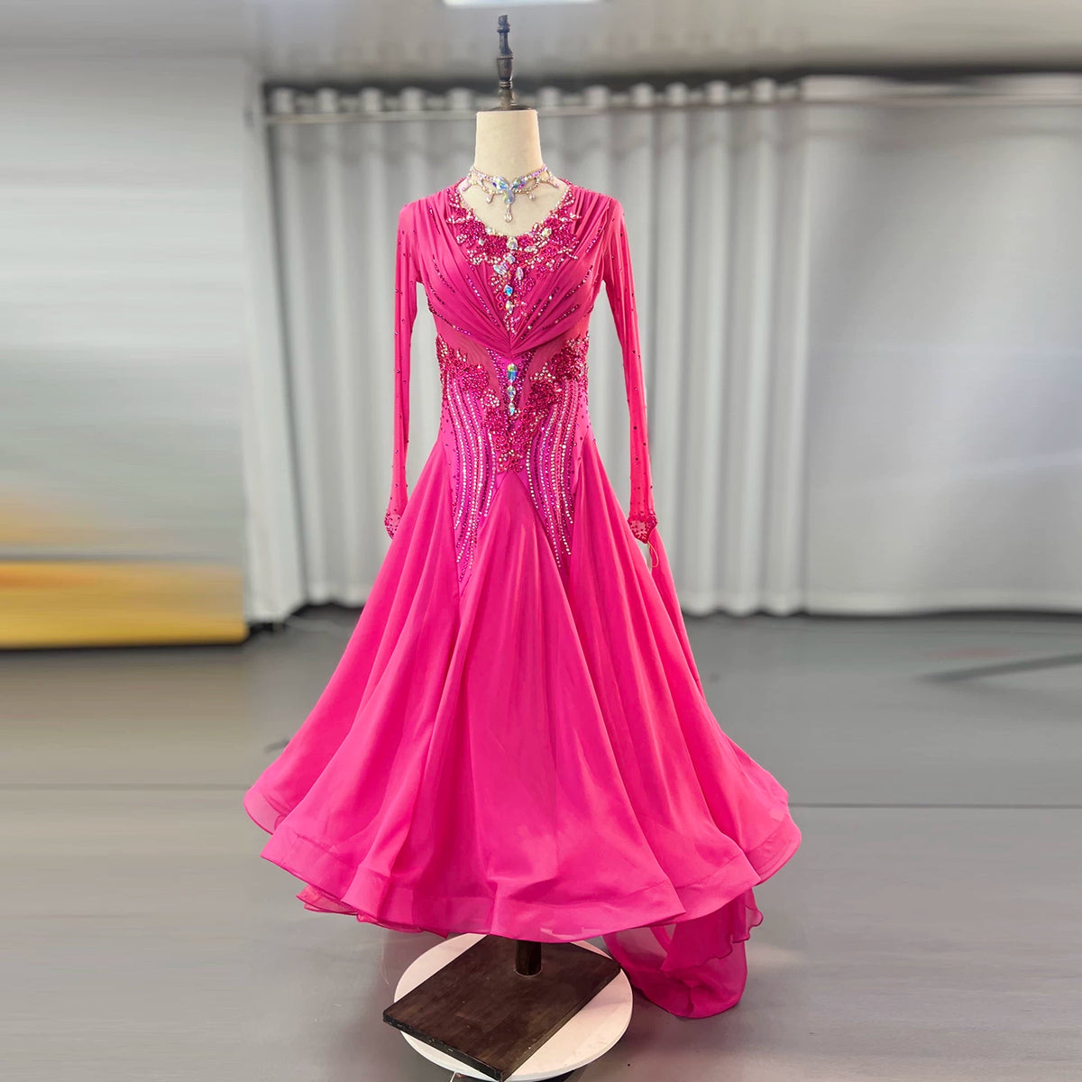 Customized Size Fuchsia Ballroom Dance Dress Bling Rose Flowers Foxtrot Waltz Dancing Gown
