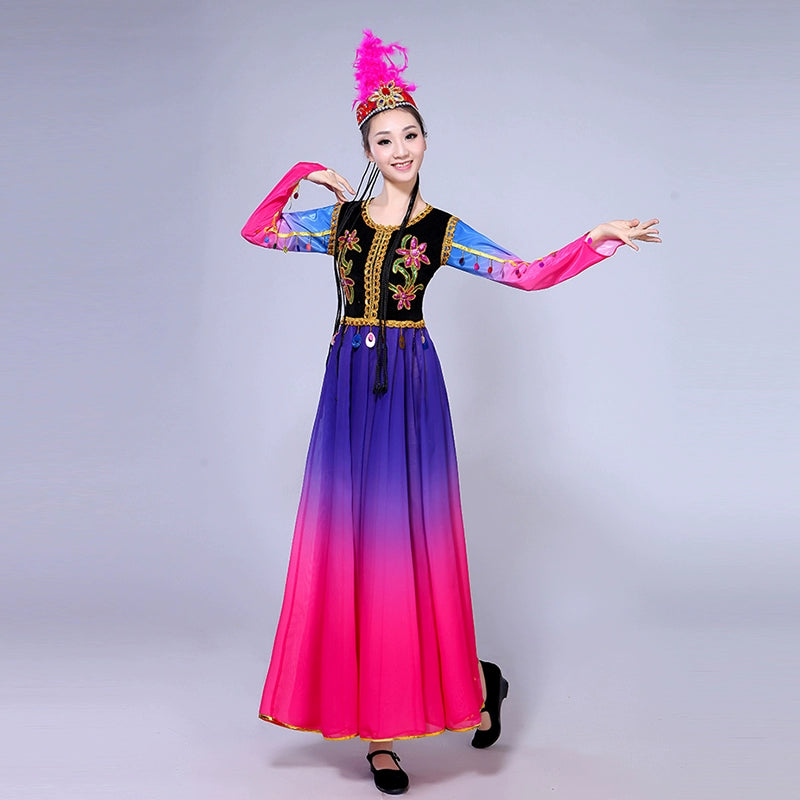 Chinese  Xinjiang dance Folk  Performance Dress Female Adult Ethnic Minority  Uygur Skirt Big Dress - Moderndancedress.com