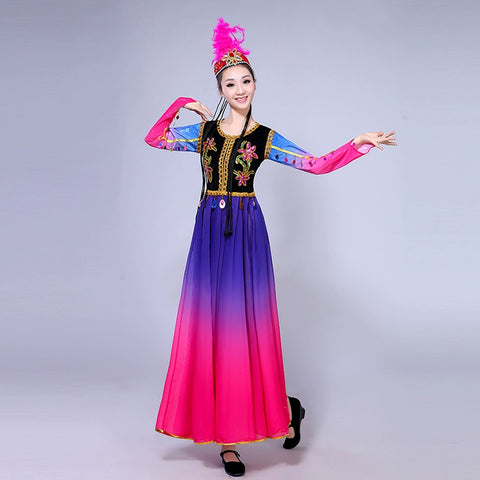 Chinese  Xinjiang dance Folk  Performance Dress Female Adult Ethnic Minority  Uygur Skirt Big Dress - Moderndancedress.com