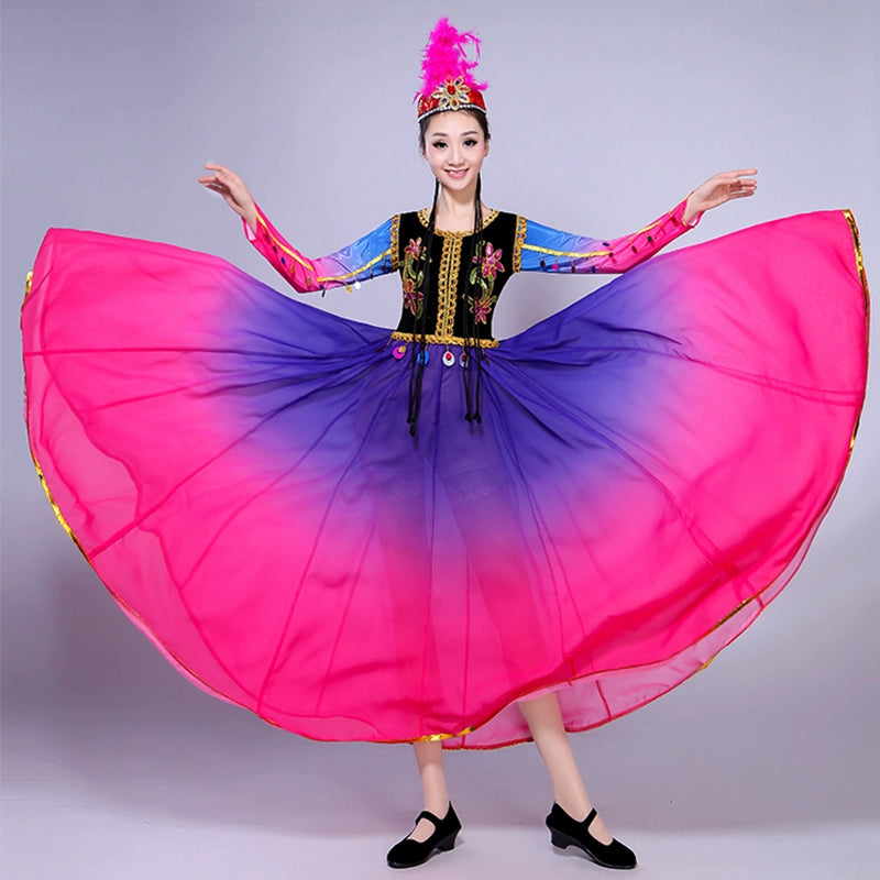 Chinese  Xinjiang dance Folk  Performance Dress Female Adult Ethnic Minority  Uygur Skirt Big Dress - Moderndancedress.com