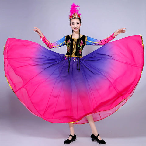 Chinese  Xinjiang dance Folk  Performance Dress Female Adult Ethnic Minority  Uygur Skirt Big Dress - Moderndancedress.com