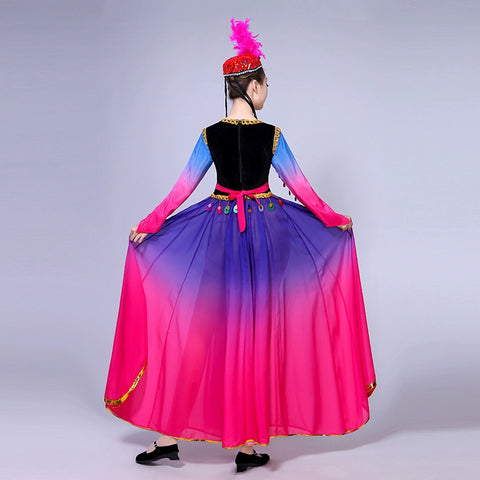 Chinese  Xinjiang dance Folk  Performance Dress Female Adult Ethnic Minority  Uygur Skirt Big Dress - Moderndancedress.com