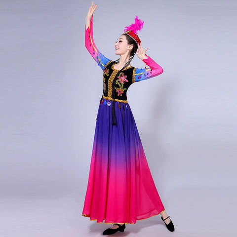 Chinese  Xinjiang dance Folk  Performance Dress Female Adult Ethnic Minority  Uygur Skirt Big Dress - Moderndancedress.com