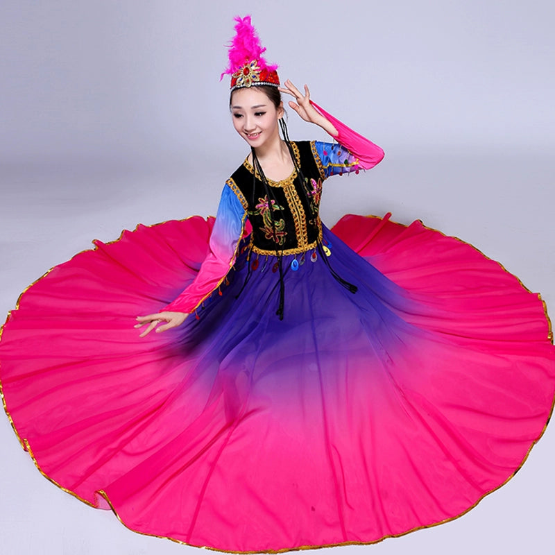 Chinese  Xinjiang dance Folk  Performance Dress Female Adult Ethnic Minority  Uygur Skirt Big Dress - Moderndancedress.com