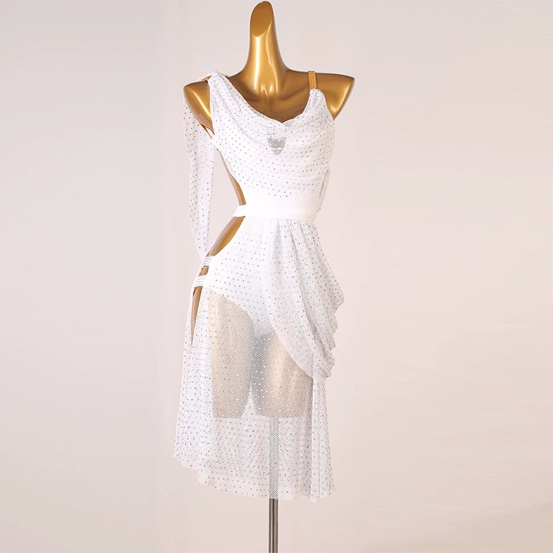 Wine Competition Diamond Latin Dance Dress for Women Girls White Purple Bling Tulle Salsa Rumba Cha Samba Dance Clothes