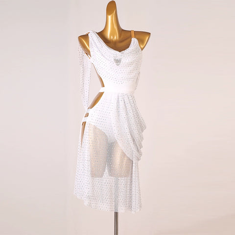 Wine Competition Diamond Latin Dance Dress for Women Girls White Purple Bling Tulle Salsa Rumba Cha Samba Dance Clothes