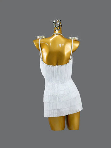 Customized size white girls kids Latin dance competition clothing professional salsa rumba solo fringed dress flower clothing art exam - Moderndancedress.com